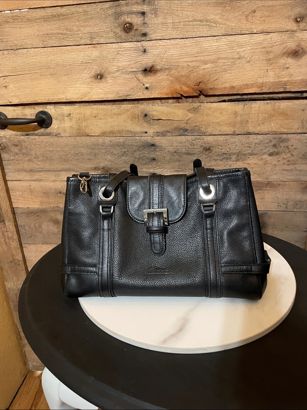 Longchamp Black Leather Shoulder Satchel with Buckle Detail